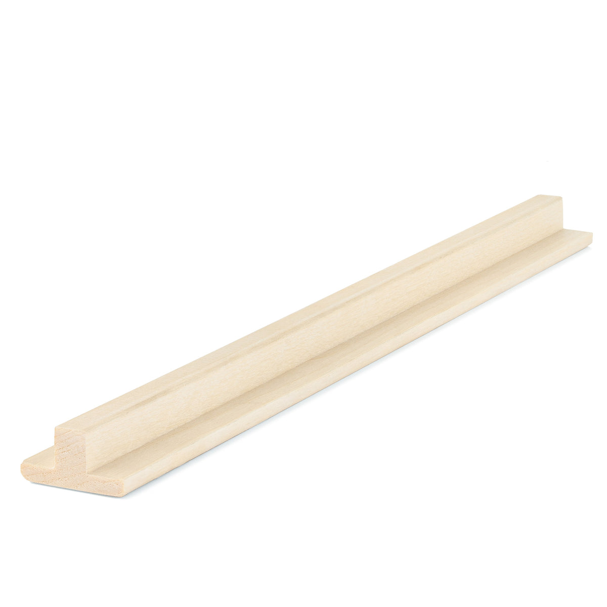 Aspen 1x2 T-Molding piece lying flat in an angled view, showing the raised center rib on a wider flat base