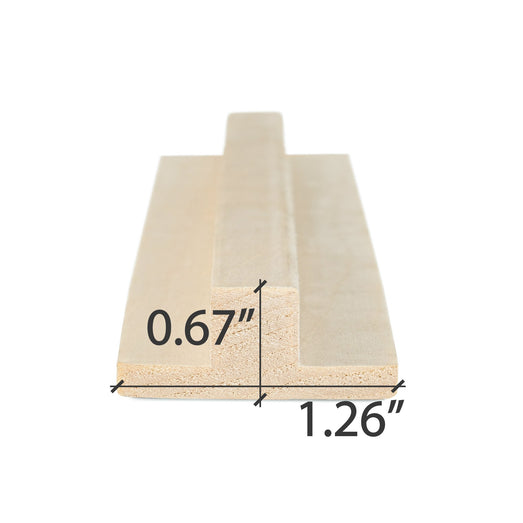 Aspen 1x2 T-Molding piece in cross-section view with the rib and flat base ends marked by dimension lines