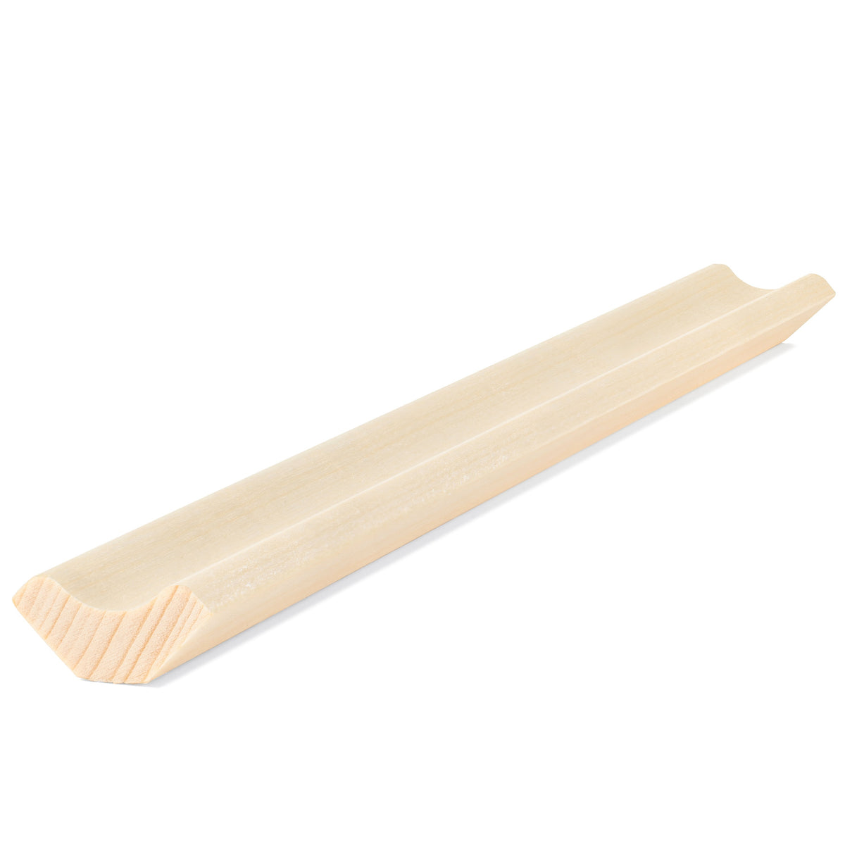 Aspen 1x2 Inside Corner Trim piece, angled view showing the concave groove along its length and the end grain