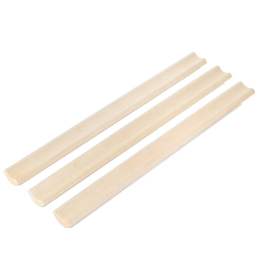 Three Aspen 1x2 Inside Corner Trim pieces laid side by side, showing the curved grooves and angled ends
