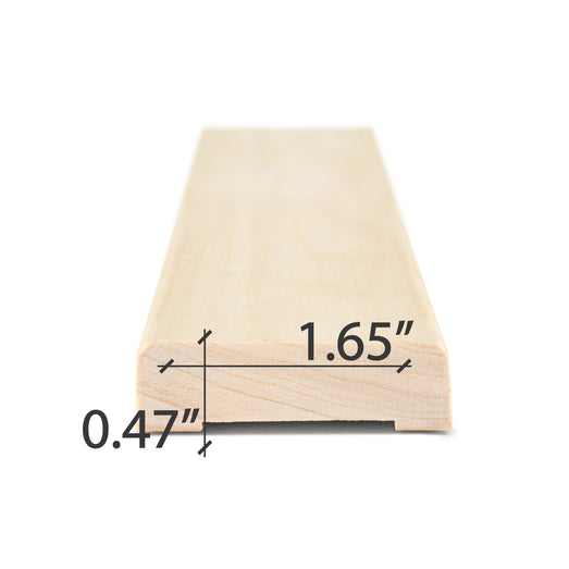 Aspen 1x2 Door Trim piece in an end view with width and thickness dimensions marked, long face receding behind