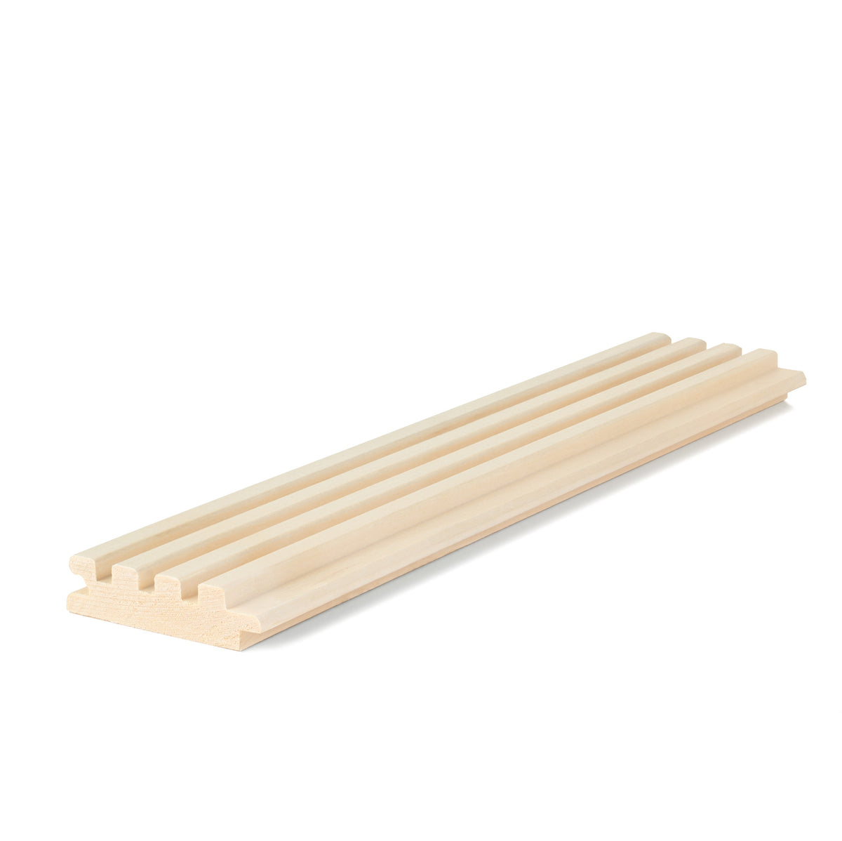 Aspen 1x3 tongue-and-groove paneling board with four raised ribs, angled view showing the grooved face and end profile