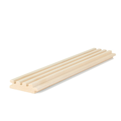 Aspen 1x3 tongue-and-groove paneling board with four raised ribs, angled view showing the grooved face and end profile