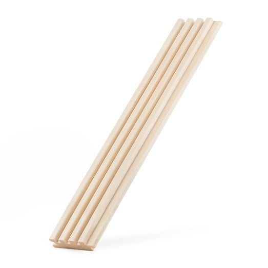Aspen 1x3 tongue-and-groove paneling board standing at a steep angle, showing four long ribs and the narrow end