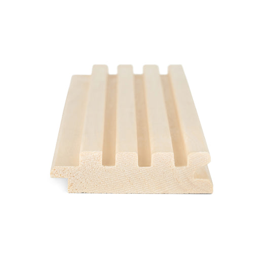 Aspen 1x3 tongue-and-groove paneling board end view showing four raised ribs, the tongue and the stepped edge