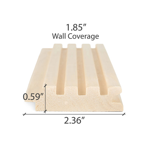 Aspen 1x3 tongue-and-groove paneling board end view with the wall coverage, thickness and width dimensions marked