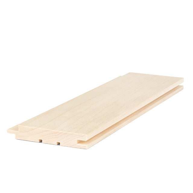 Aspen 1x4 tongue-and-groove paneling board, angled view showing the face and the grooved bottom edge
