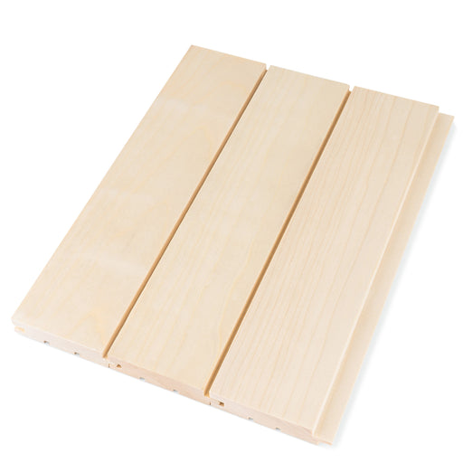 Three Aspen tongue-and-groove paneling boards side by side, showing pale face grain and nickel gap seams