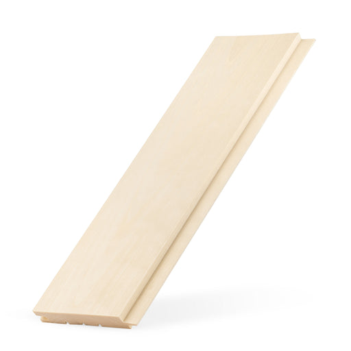 Aspen 1x5 tongue-and-groove paneling board propped upright at a slant, with the tongue edge and back slots visible
