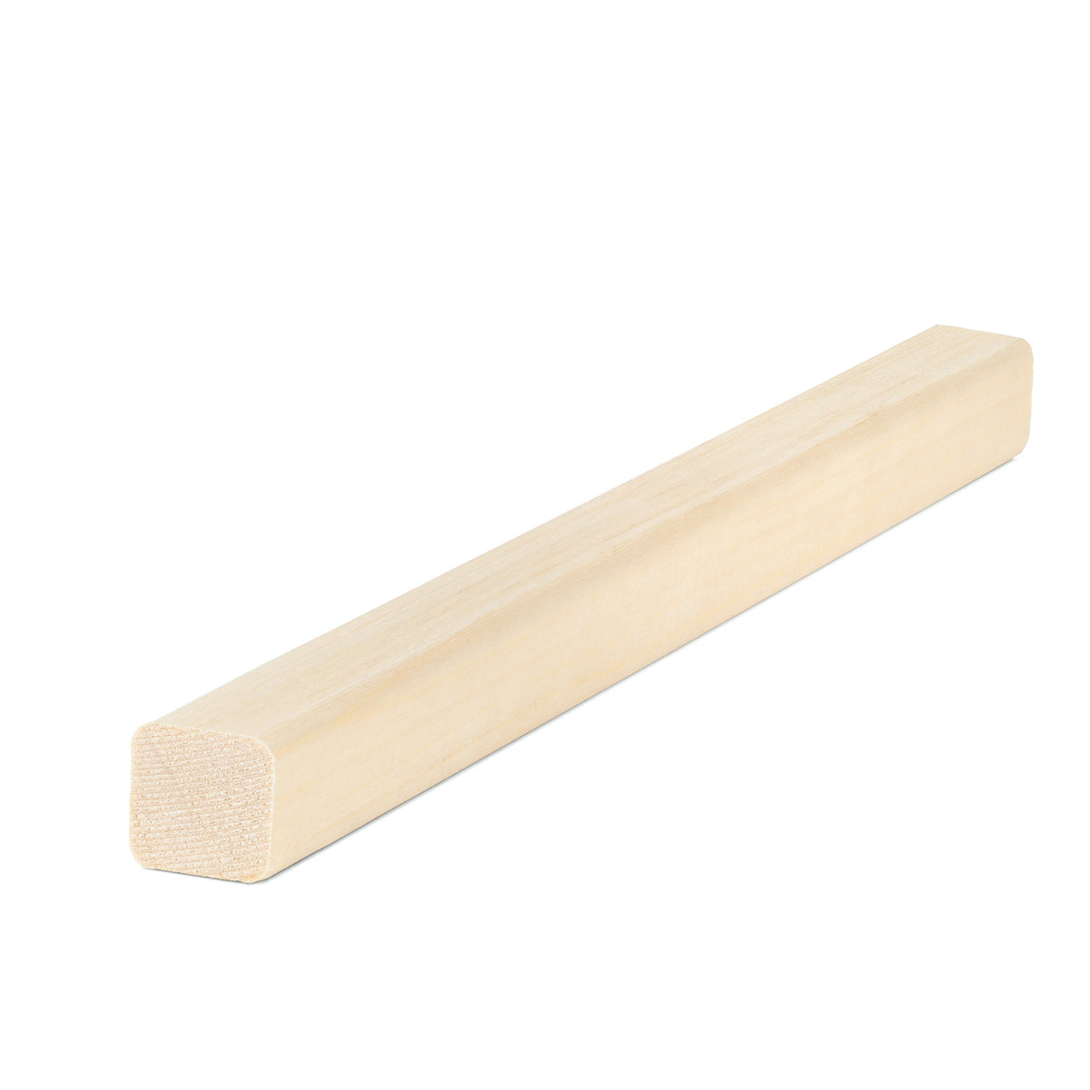 Aspen 2x2 Trim piece lying at an angle, showing the pale face grain and the square end with slightly rounded edges