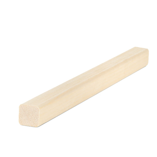 Aspen 2x2 Trim piece lying at an angle, showing the pale face grain and the square end with slightly rounded edges