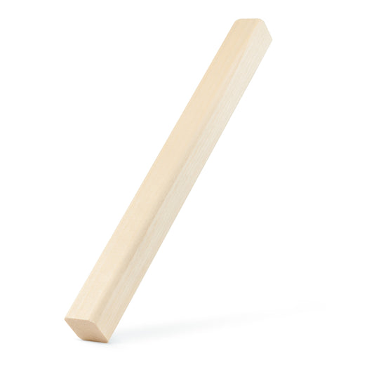 Aspen 2x2 Trim piece standing tilted against a white background, showing long smooth face grain