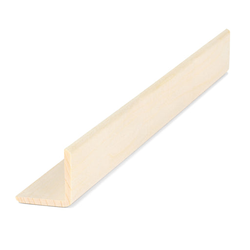 Aspen 2x2 Outside Corner Trim piece lying at an angle, showing the L-shaped profile and pale smooth wood grain