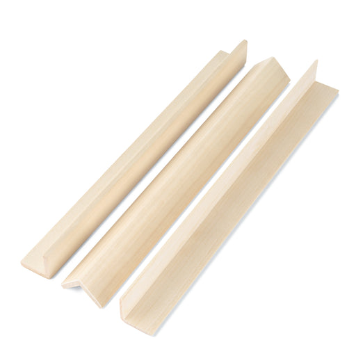 Three Aspen 2x2 Outside Corner Trim pieces side by side, L-shaped profiles facing different directions
