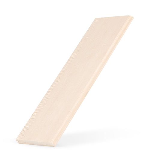 Hemlock 1/2x4 tongue-and-groove paneling board tilted on its end against a white background, with tongue edge visible
