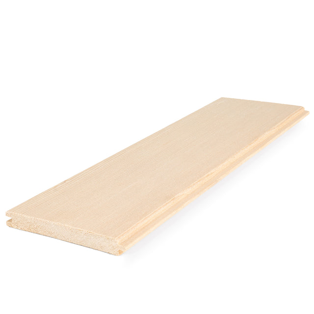Hemlock 1/2x4 tongue-and-groove paneling board shown at an angle, with pale smooth face and grooved edge visible