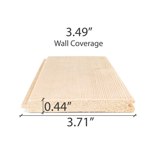 Hemlock 1/2x4 tongue-and-groove paneling board end view with thickness, width and wall coverage dimensions marked