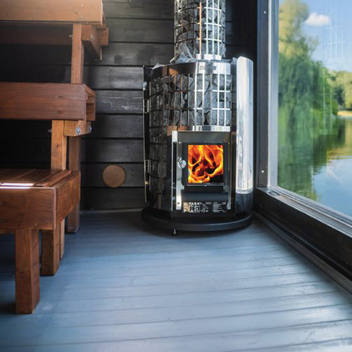Harvia WL120 round protective bedding beneath a sauna stove