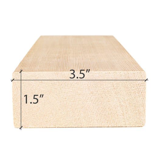 Hemlock 2x4 bench board end view with its width and thickness dimensions marked by measurement lines