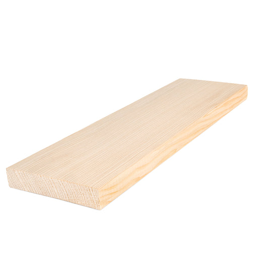 Hemlock 1x4 bench board at an angle, showing pale face grain, long edge and end grain