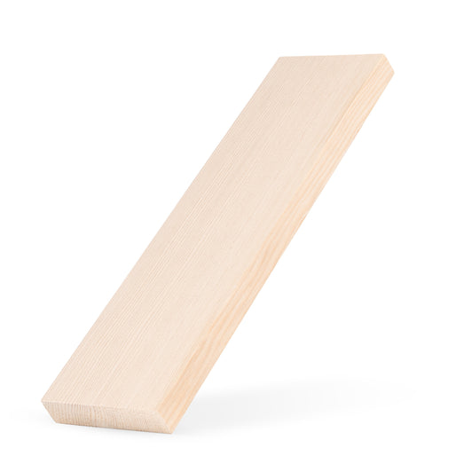 Hemlock 1x4 bench board leaning at a slant on white, showing face grain, edge and end