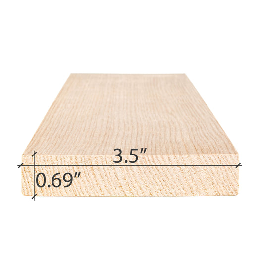Hemlock 1x4 bench board end view with the width and thickness dimensions marked on the image