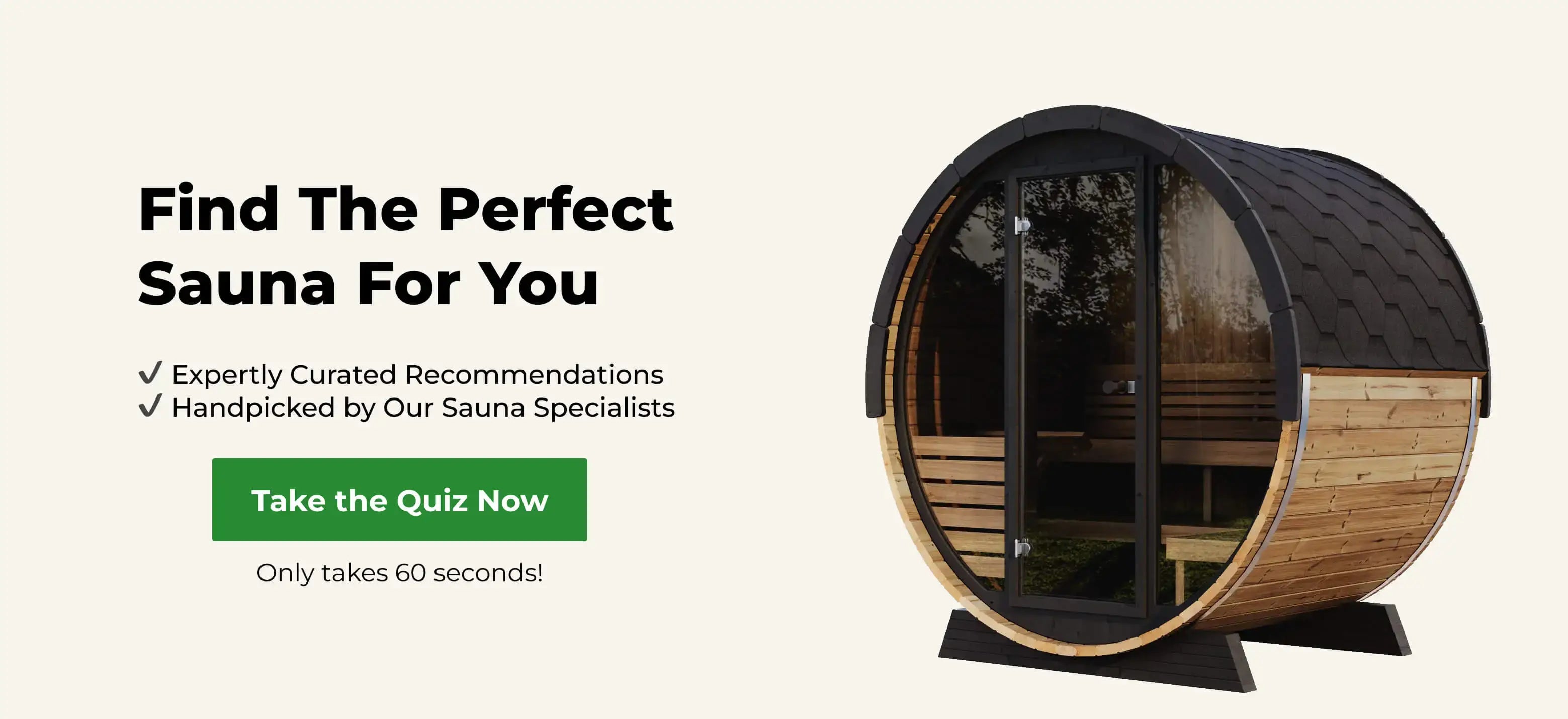 A relaxing home sauna with a banner that reads 'Find your perfect home sauna' and a button to take the quiz.