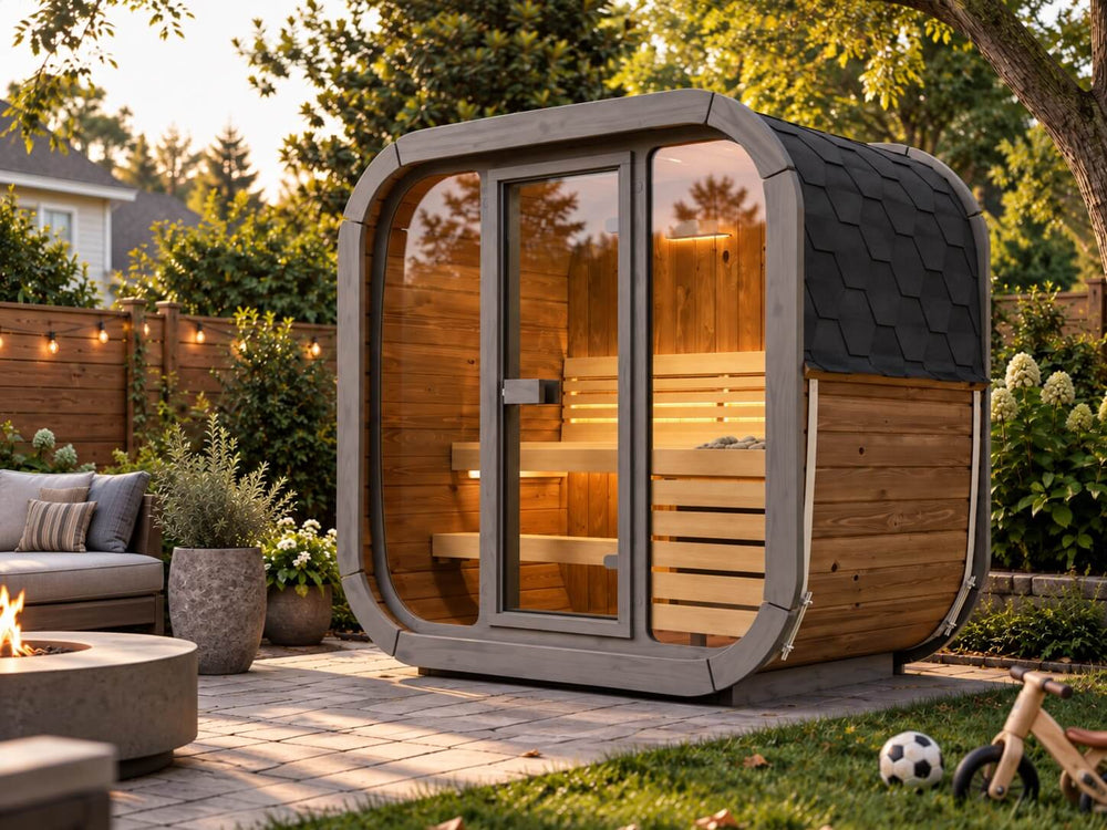 Cube sauna on a backyard patio at golden hour, next to a fire pit and lounge, with a soccer ball and a balance bike on the lawn