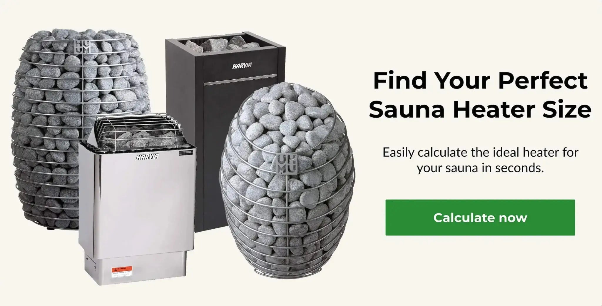 A modern sauna heater with a banner that reads 'Find the right size sauna heater' and a button to calculate now.