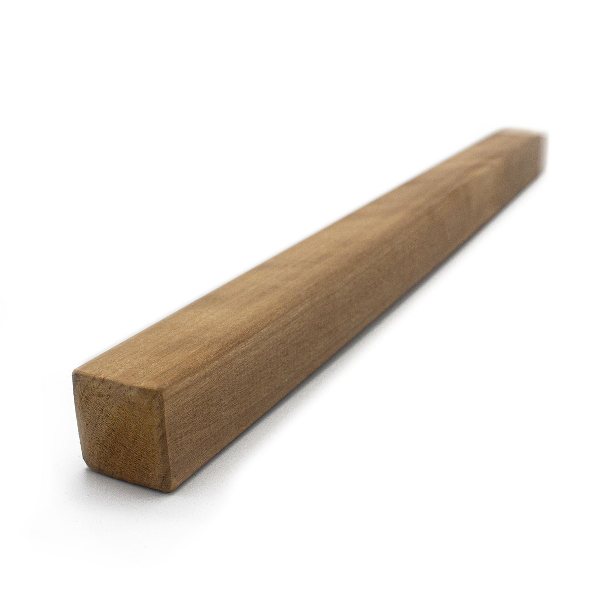 Thermo-Aspen 1x1 Trim piece in angled view, showing square end and long brown face grain on white background