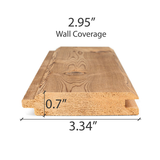 Western Red Cedar tongue-and-groove paneling board end profile with wall coverage and thickness dimensions marked