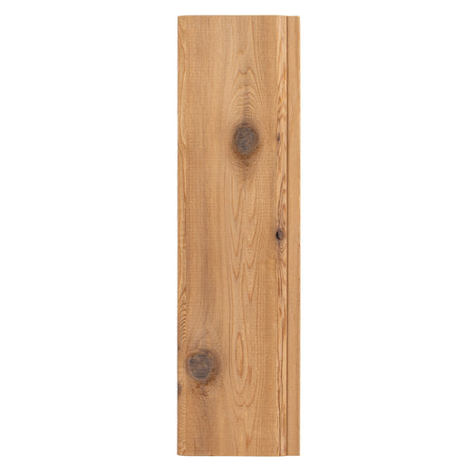 Single Western Red Cedar paneling board, flat face view with knots, grain and a V-joint edge on the right