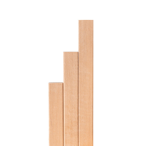 Alder 2x2 Trim pieces standing upright in stepped lengths against a white background, showing straight light face grain