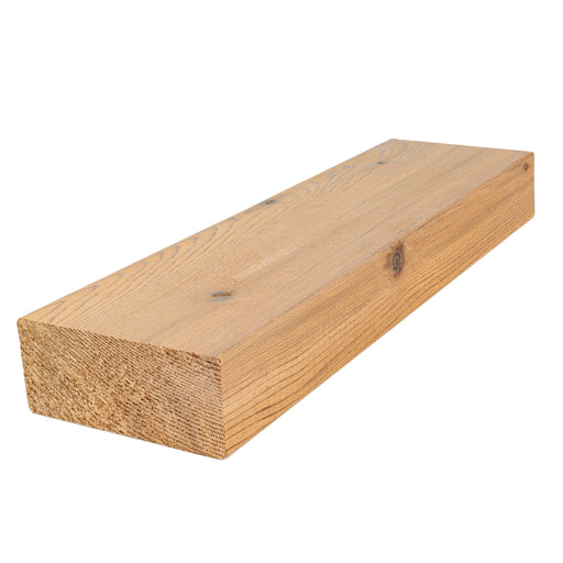 Western Red Cedar 2x4 bench board in an angled view showing the face grain, small knots and the end grain