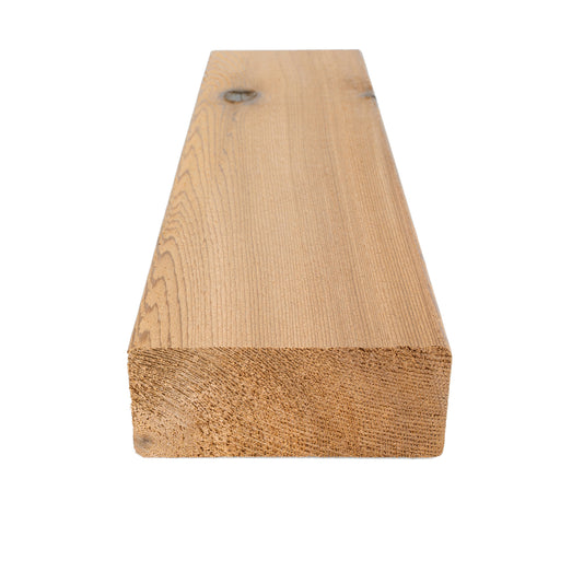 Western Red Cedar 2x4 bench board seen from the end, with the face grain running away and a small knot