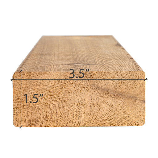 Western Red Cedar 2x4 bench board end view with its width and thickness dimensions marked