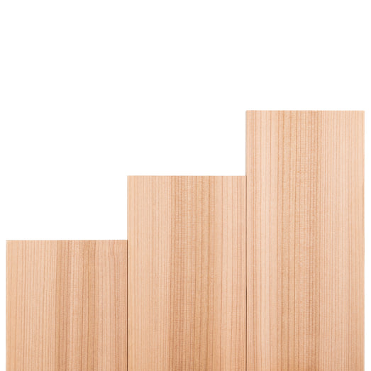 Western Red Cedar 1x6 bench boards in three stepped lengths, side by side, showing vertical grain on the faces