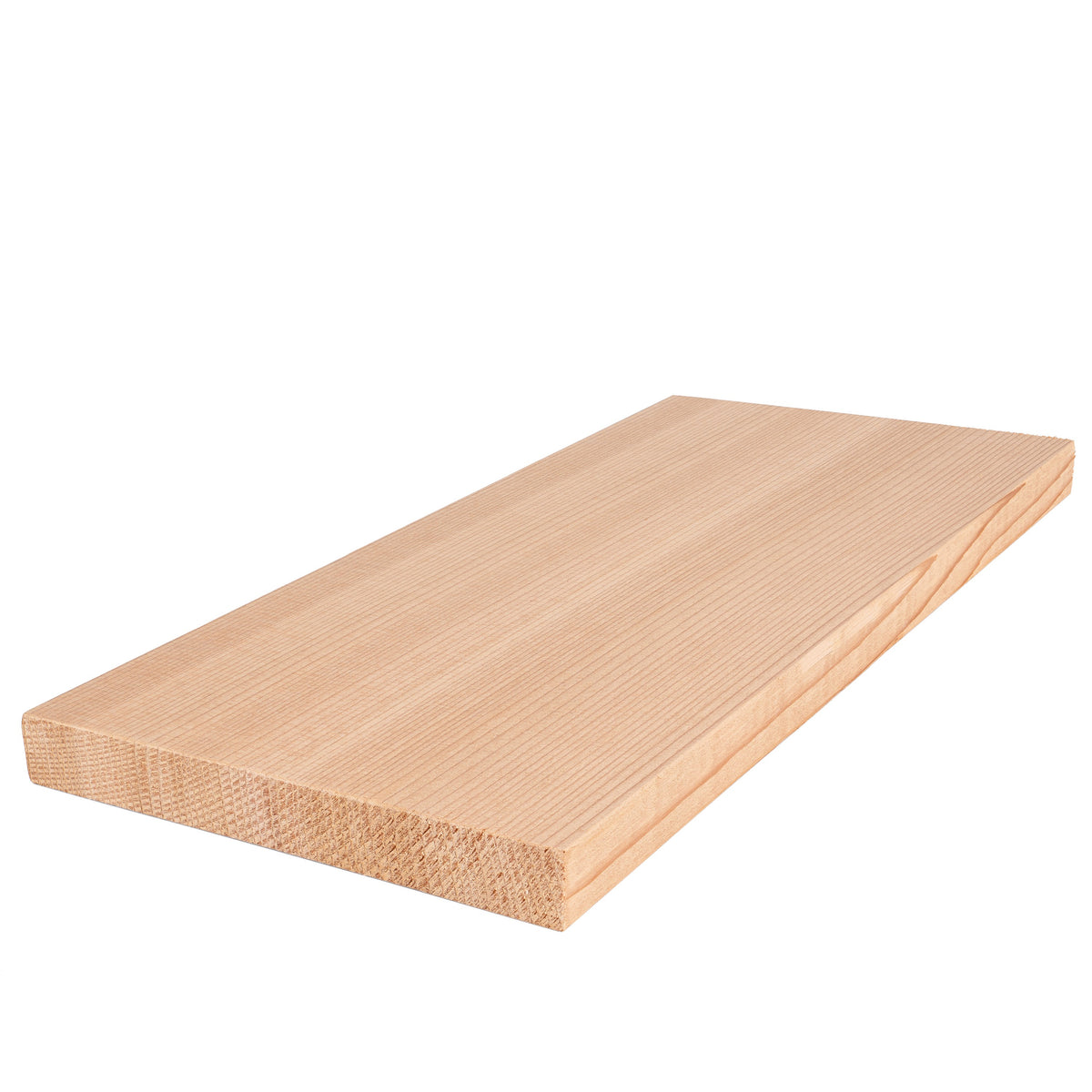 Western Red Cedar 1x6 bench board shown at an angle, with straight vertical grain on the face and a plain end