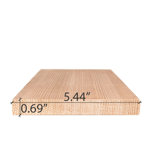 Western Red Cedar 1x6 bench board end view with its width and thickness dimensions marked on the image