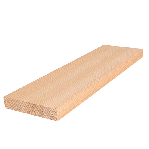 Western Red Cedar 1x4 bench board in angled view showing fine vertical face grain and the end grain