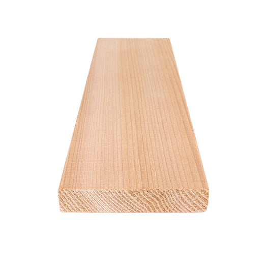 Western Red Cedar 1x4 bench board end view with the face grain stretching back and the cross-section in front