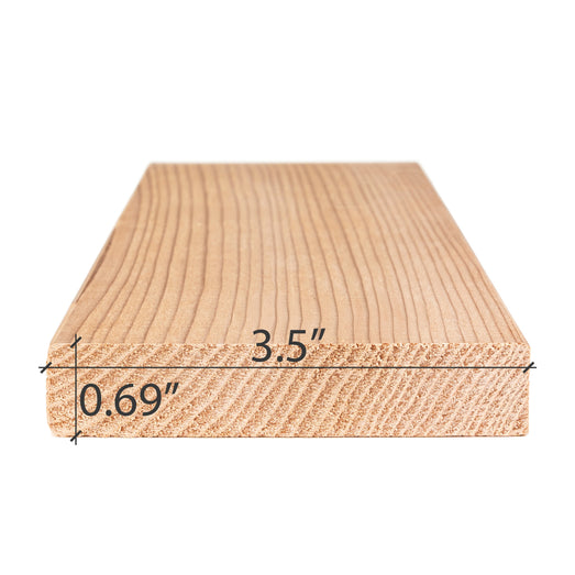 Western Red Cedar 1x4 bench board end view with its width and thickness dimensions marked on the image