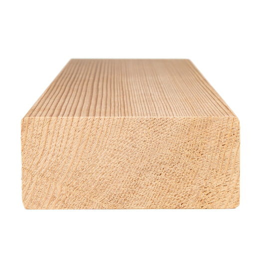 Western Red Cedar 2x4 bench board end view showing the growth ring pattern in the cross-section above the grain
