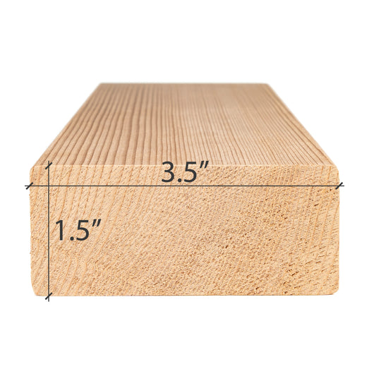 Western Red Cedar 2x4 bench board end view with the width and thickness dimensions marked on the cross-section