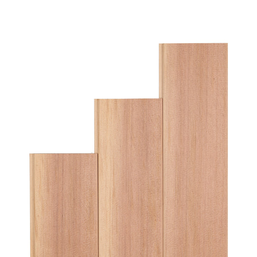 Three Western Red Cedar paneling boards in stepped lengths, standing upright to show clear vertical grain