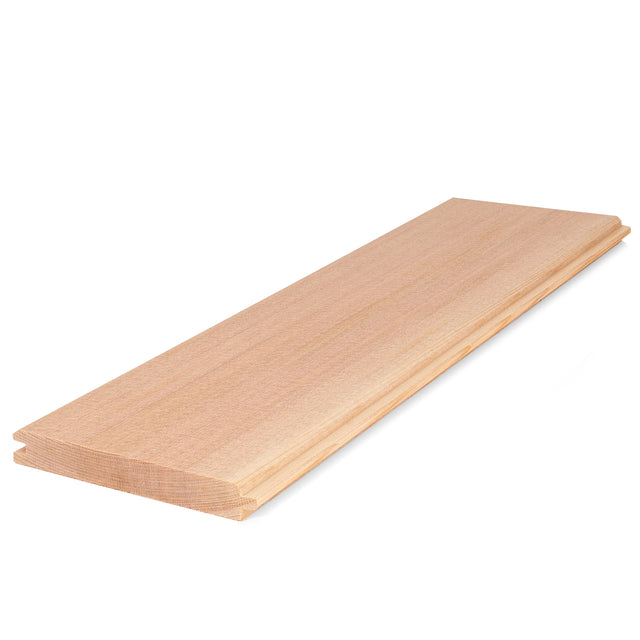 Western Red Cedar tongue-and-groove paneling board at an angle, showing face grain and grooved long edge