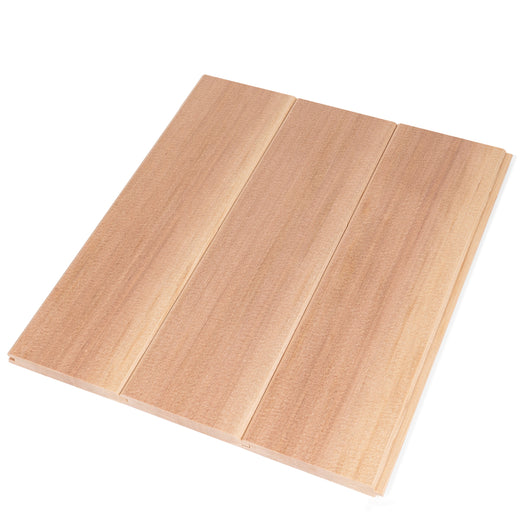 Three Western Red Cedar tongue-and-groove paneling boards side by side, vertical view of face grain and seams