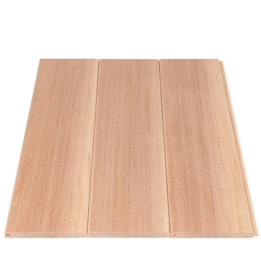 Three Western Red Cedar paneling boards joined side by side with V-joint seams, shown from above on white