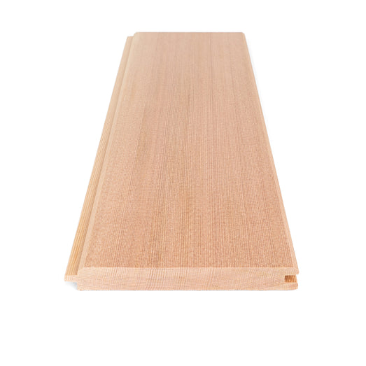 Western Red Cedar tongue-and-groove paneling board, end-on view of the tongue and straight grain along the face
