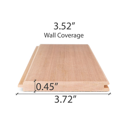 Western Red Cedar paneling board cross-section with dimensions marked for thickness, overall width and wall coverage
